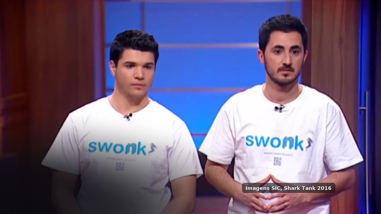 Os fundadores do Swonkie no Shark Tank, em 2016